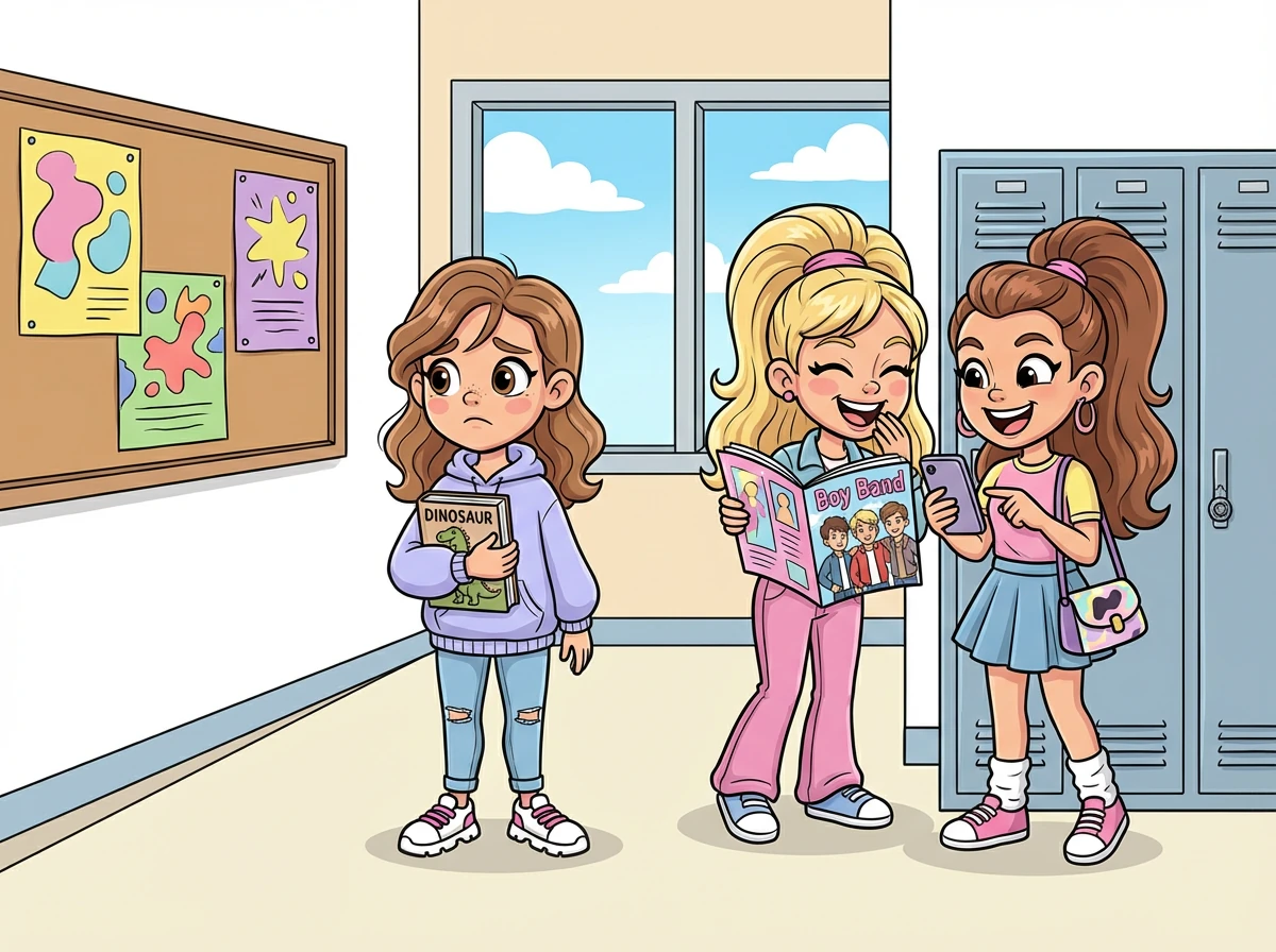 Na escola, Sofia percebe que suas amigas estão mais interessadas em meninos e em seguir as últimas tendências. Ela se sente um pouco deslocada, pois seus interesses são outros.