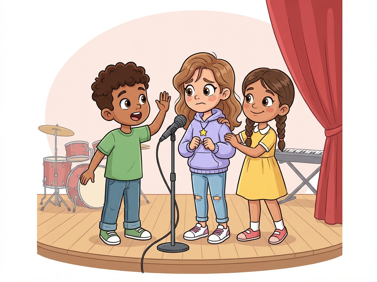 Durante um ensaio, Sofia se sente nervosa e com medo de errar. Seus novos amigos a encorajam e a ajudam a superar sua insegurança.