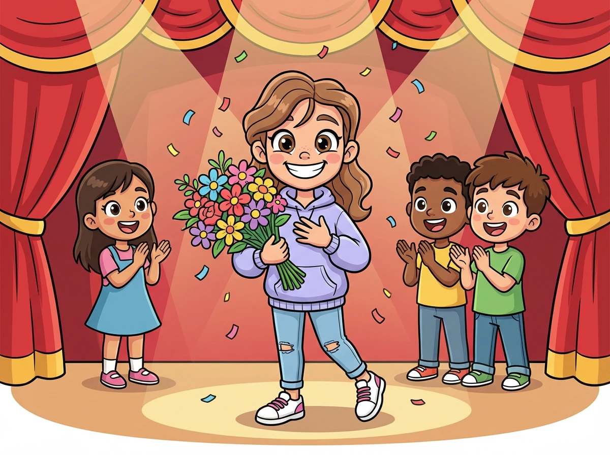 Com muito esforço e dedicação, Sofia e seus amigos conseguem arrecadar o dinheiro necessário e a peça é um sucesso. Sofia se sente orgulhosa de sua conquista.