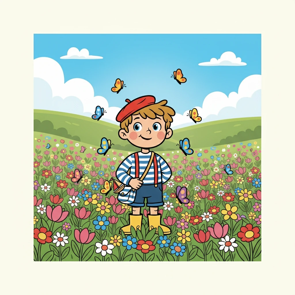 Éliot, avec ses cheveux blonds et ses yeux pétillants, s'émerveille devant un champ de fleurs printanières. Les papillons dansent autour de lui, leurs ailes colorées scintillant au soleil. Le doux parfum des fleurs chatouille son nez, et il sourit à la beauté du monde.