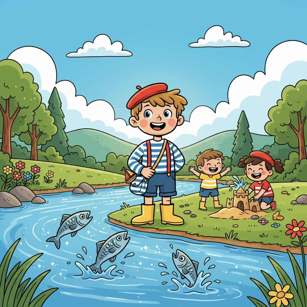 L'été arrive, et Éliot se retrouve au bord d'une rivière scintillante. Il observe les poissons argentés qui sautent hors de l'eau. Il se sent heureux de pouvoir jouer avec les amis, le soleil chaud sur sa peau.