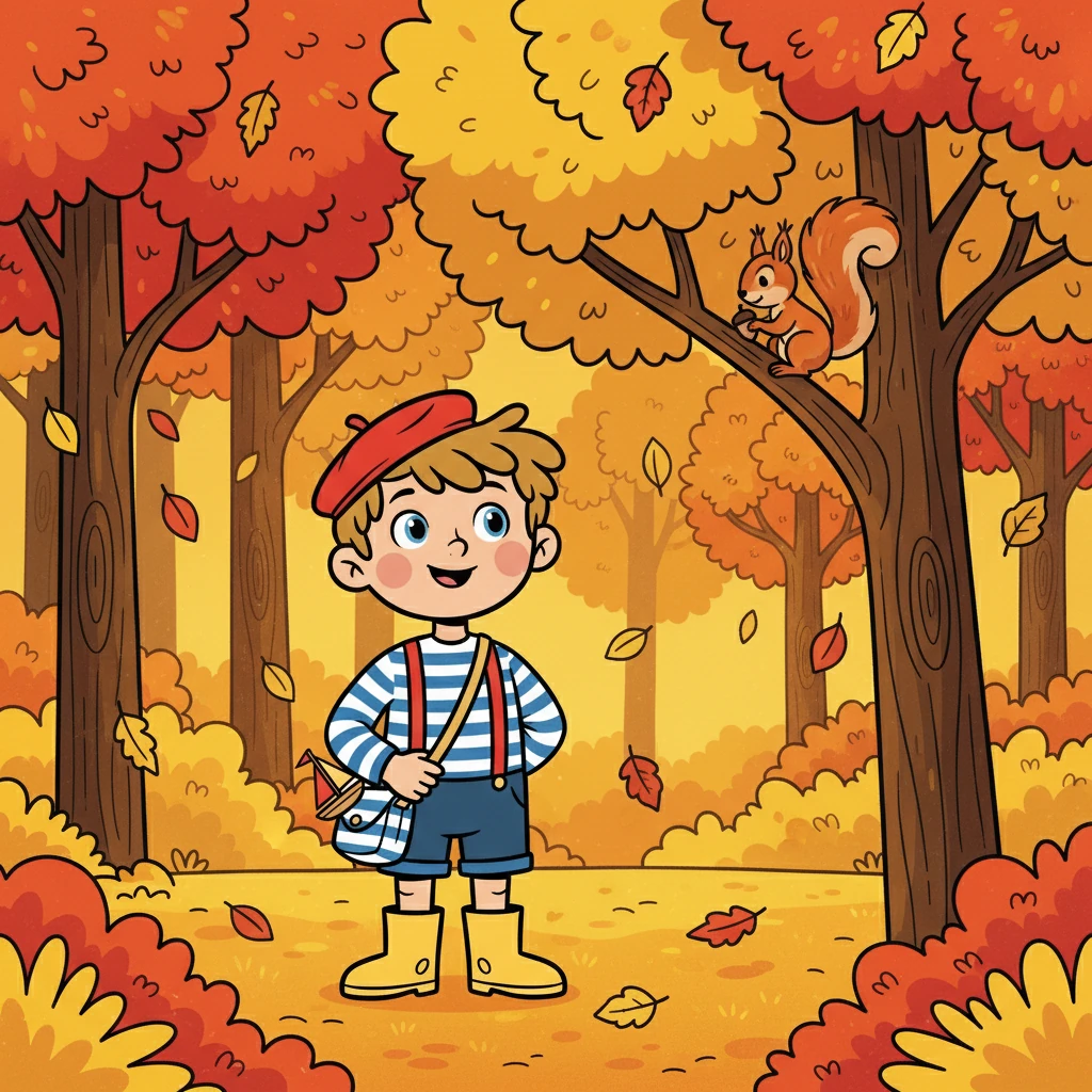 En automne, Éliot explore une forêt aux couleurs flamboyantes. Les feuilles tombent des arbres comme des confettis, créant un tapis doré sous ses pieds. Un écureuil agile grimpe dans un chêne, se préparant pour l'hiver.