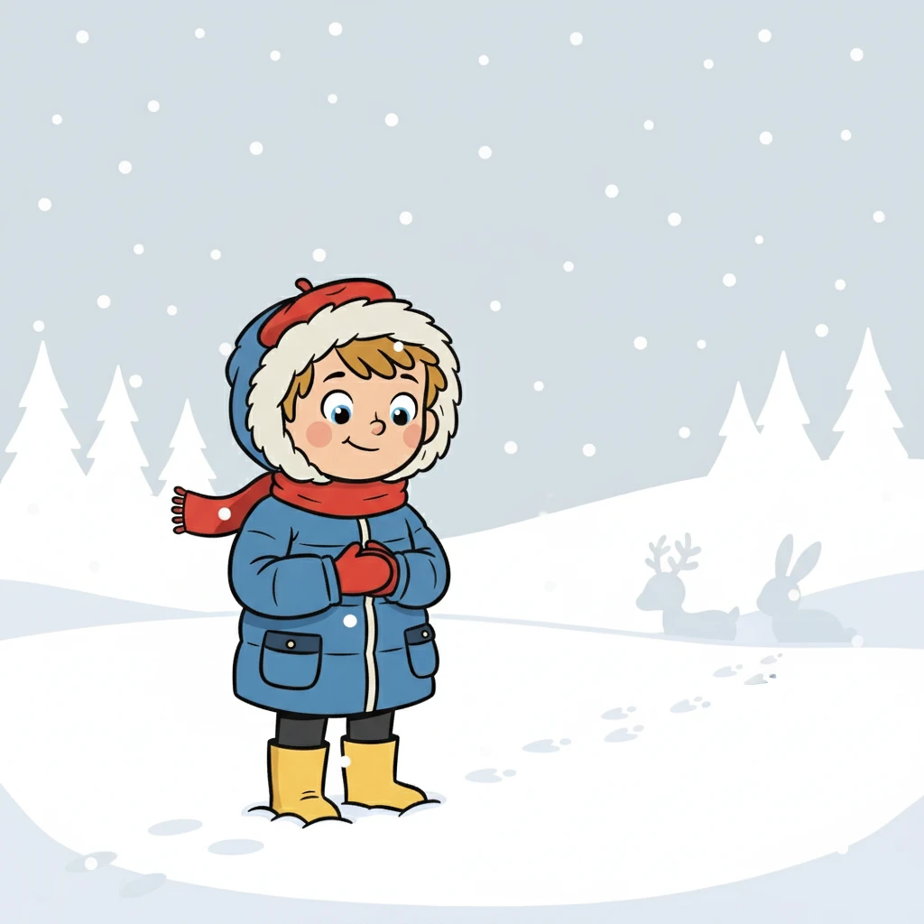 L'hiver enveloppe le paysage d'un manteau blanc et silencieux. Éliot, bien emmitouflé dans son manteau, contemple la neige qui tombe doucement. Il aperçoit des traces d'animaux dans la neige, et il imagine leurs aventures.