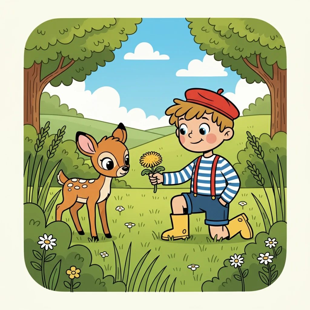 Un jour de printemps, Éliot découvre un petit faon timide caché dans les hautes herbes. Il s'approche doucement, offrant une fleur au faon. Le faon, intrigué, s'approche et les deux partagent un moment de complicité.