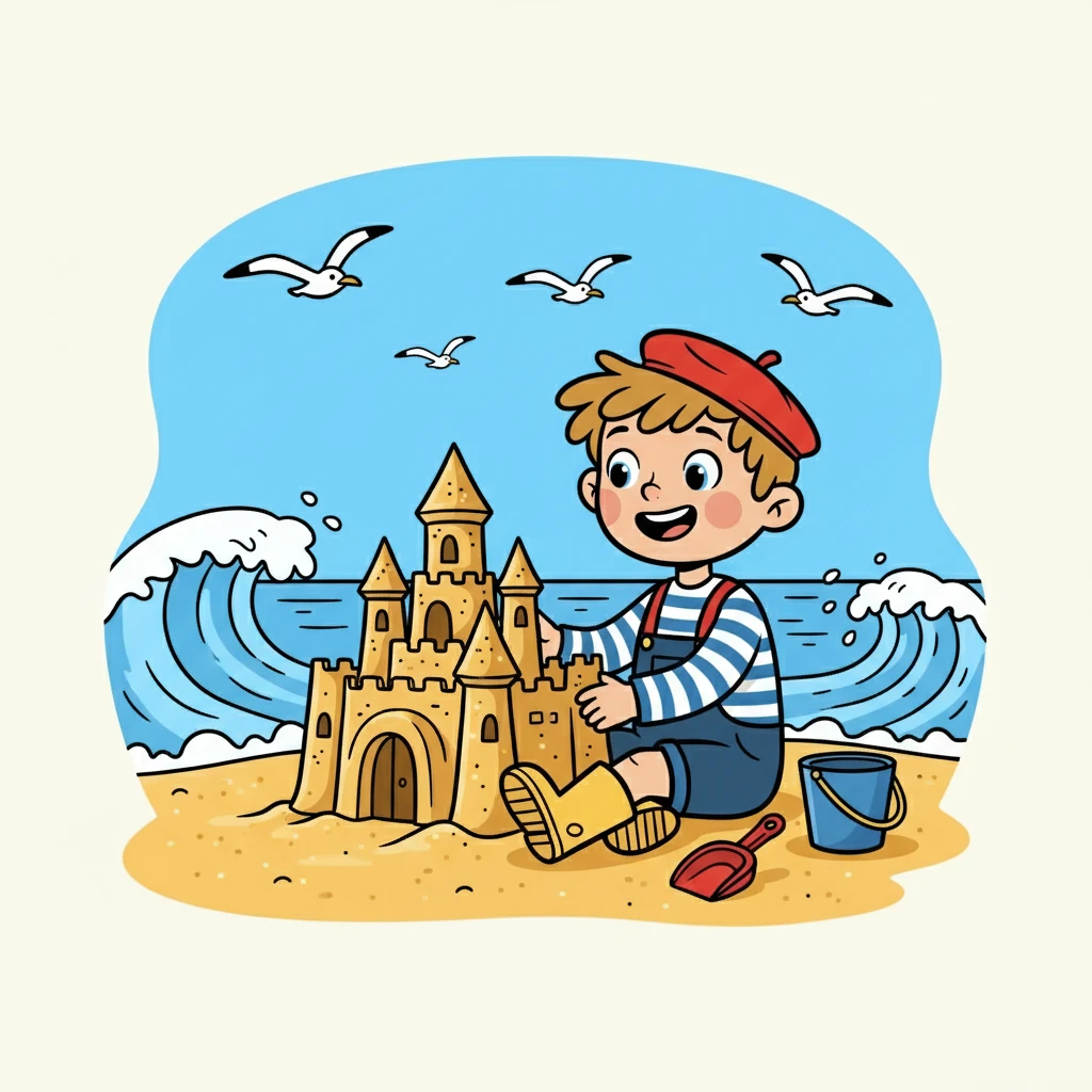 En été, Éliot construit un château de sable sur la plage. Les vagues douces caressent le rivage, et les mouettes planent au-dessus de lui. Il ressent la joie simple de créer et de s'amuser au bord de la mer.