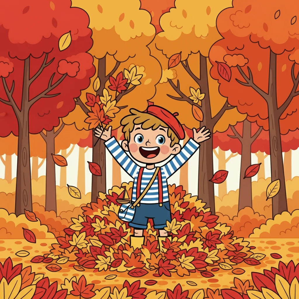 L'automne apporte une brise fraîche qui fait danser les feuilles rouges et jaunes. Éliot ramasse des feuilles tombées et les lance en l'air, riant de bonheur. Il ressent la magie des couleurs changeantes.
