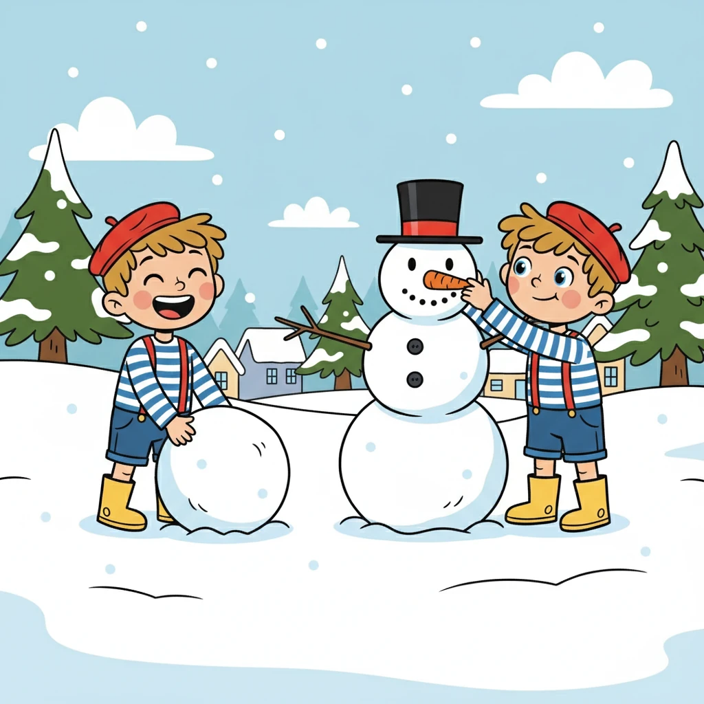 En hiver, Éliot construit un bonhomme de neige avec son ami. Ils rient ensemble pendant qu'ils roulent les boules de neige et décorent le bonhomme avec une carotte et un chapeau. Le froid ne les effraie pas.