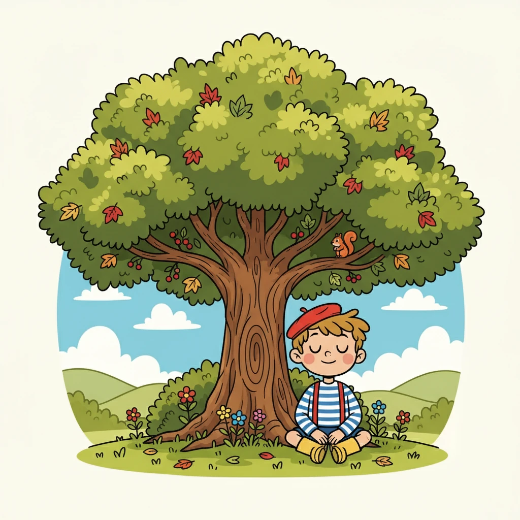 Éliot, assis sous un grand arbre, ferme les yeux et remercie la nature pour toutes ses merveilles. Il sait que chaque saison apporte de nouvelles découvertes et de nouvelles aventures. Il est heureux de vivre dans ce monde magique.
