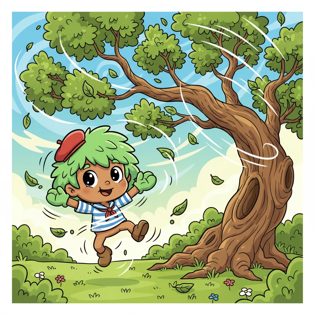 Un jour, une grande rafale de vent souffla à travers la forêt, faisant danser Pino avec une énergie folle. Il tournait et virevoltait, adorant la sensation de liberté. À côté, un grand chêne luttait contre le vent, ses branches massives gémissant sous la pression.