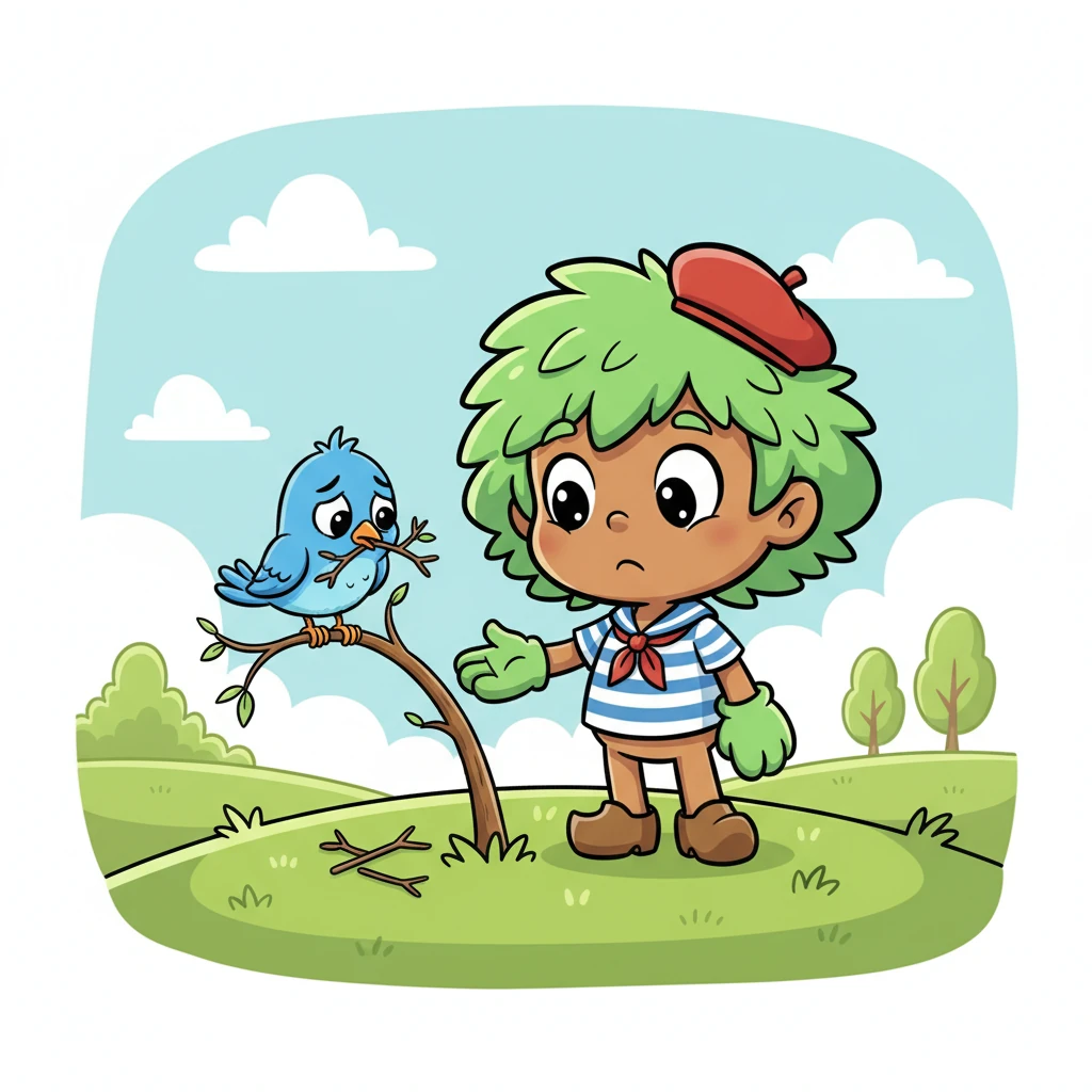 Pino remarqua un petit oiseau bleu essayant désespérément de construire son nid. L'oiseau cherchait une branche solide et basse, mais toutes celles de Pino étaient trop fines ou trop fragiles pour supporter son foyer. L'oiseau semblait triste et découragé.