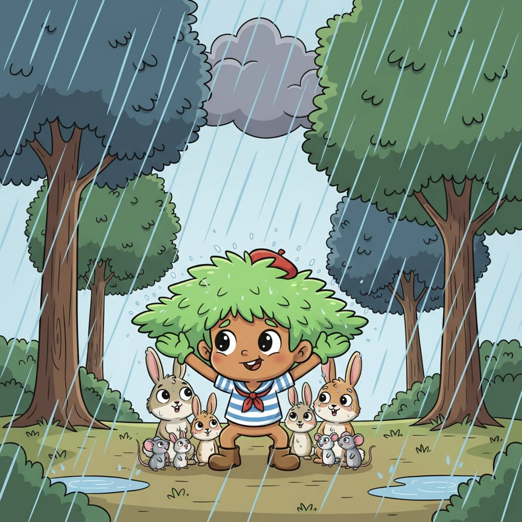 Plus tard, une averse soudaine s'abattit sur la forêt. Une famille de lapins et de souris chercha refuge, mais les quelques feuilles de Pino n'offraient pas assez d'abri. Les petits animaux frissonnaient sous la pluie, regardant avec envie les feuillages denses des arbres plus grands.