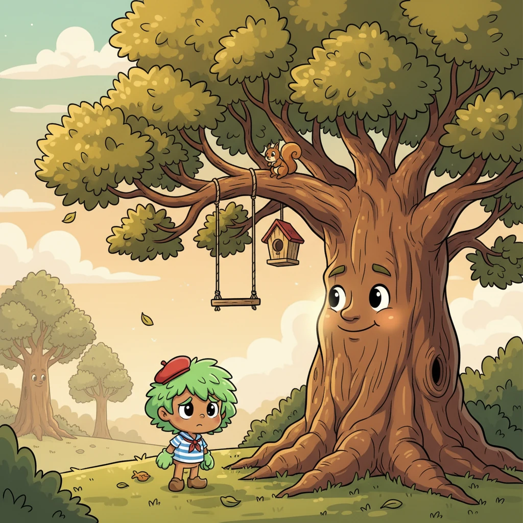 Le Grand Chêne, un vieil arbre sage aux branches étendues, remarqua la tristesse de Pino. "Pino," dit-il d'une voix douce et profonde, "grandir n'est pas seulement pour soi. C'est aussi pour offrir un abri, un soutien et un foyer à ceux qui en ont besoin."