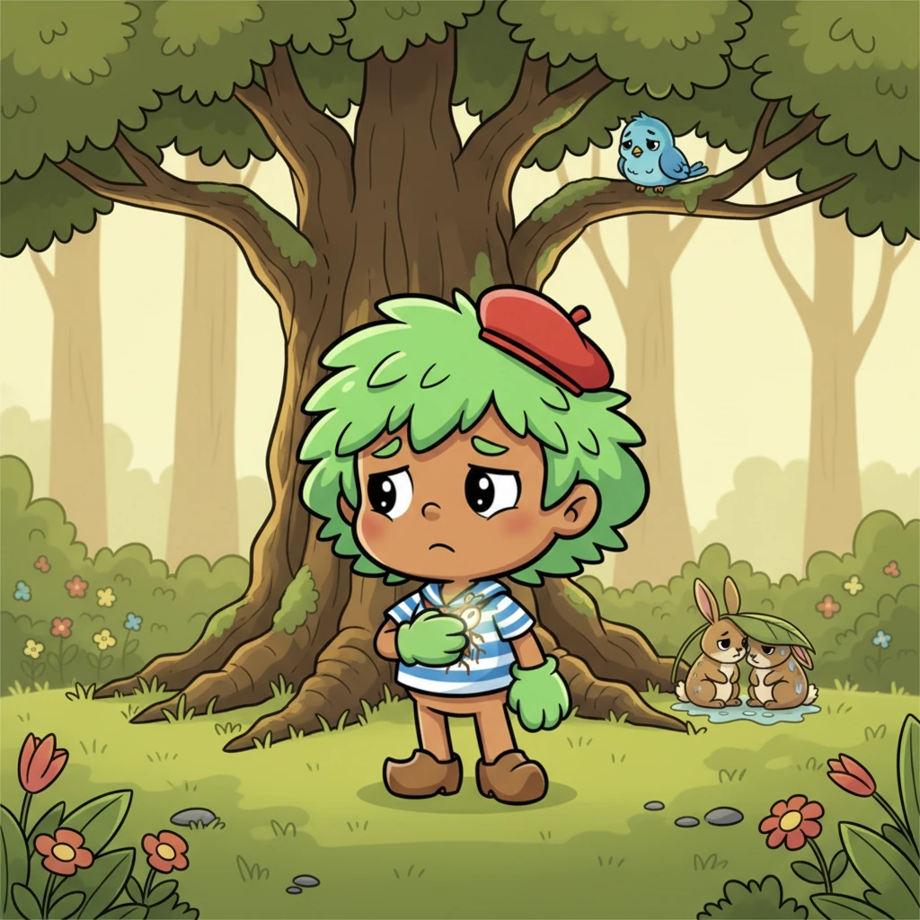 Les paroles du Grand Chêne firent réfléchir Pino. Il regarda ses petites feuilles et ses fines branches, puis pensa à l'oiseau sans nid et aux lapins mouillés. Une petite graine de doute commença à germer dans son cœur, remplaçant sa joie habituelle.