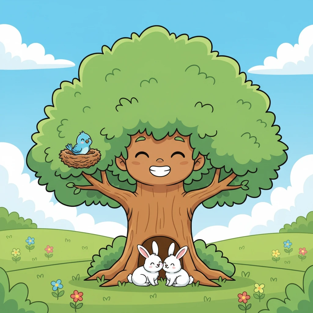 Maintenant, Pino était un bel arbre moyen, fort et accueillant. Le petit oiseau bleu avait construit son nid douillet sur une de ses branches robustes, et la famille de lapins se blottissait à l'abri de son feuillage dense. Pino sourit, son cœur rempli de la joie d'aider les autres.