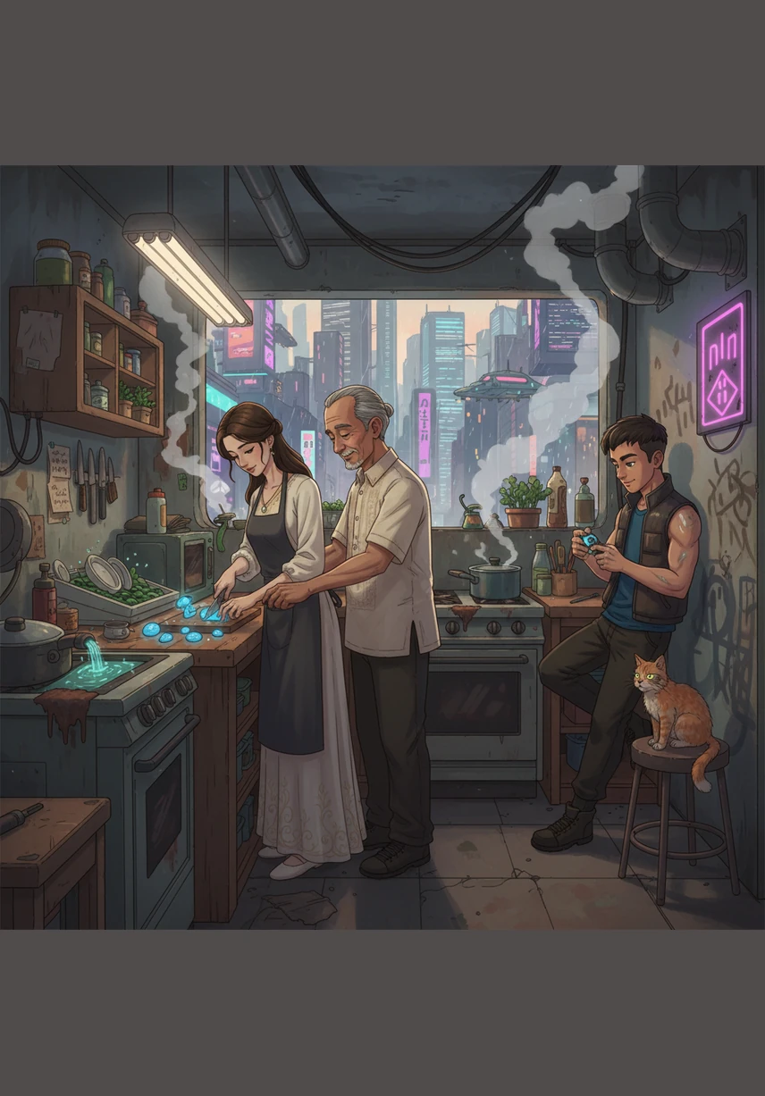 Inside the family home, Maria begins learning the daily chores, from sweeping the dusty yard to helping in the busy, smoke-filled kitchen. When she accidentally spills some rice, she doesn't get frustrated but instead smiles and cleans it up immediately, earning a small, secret nod of approval from Leon's father.