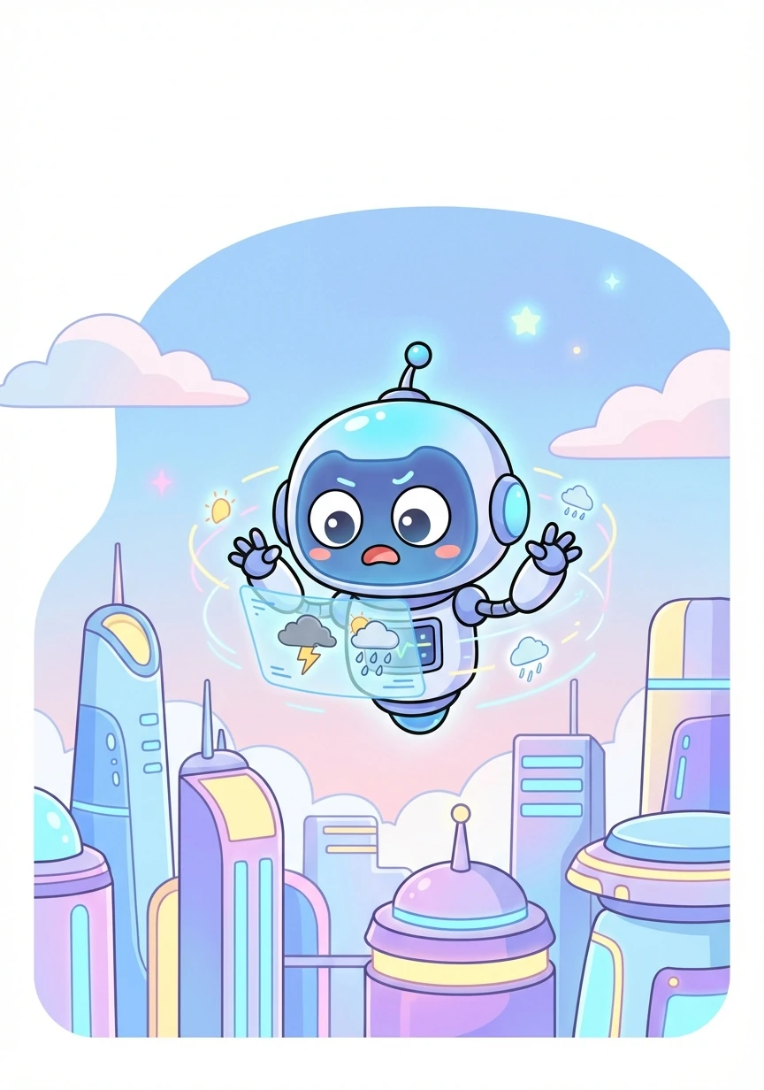 在未来城市星光城，智芯是一个先进的人工智能系统，负责监测各种灾害预警。它拥有可爱的卡通形象，时刻关注着天气变化。