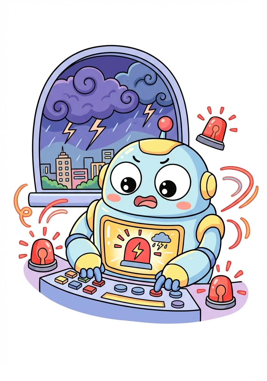 突然，城市气象局发布了红色暴雨预警！智芯立即启动应急预案，它的屏幕上闪烁着警报。