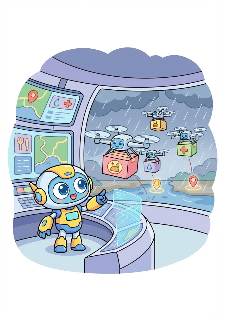 智芯立即调度无人机，向受灾地区运送食物、饮用水和医疗用品。无人机在暴雨中穿梭，精准地将物资投放到指定地点。