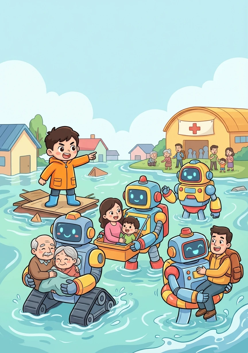 智芯指挥着救援机器人队伍，前往受困人员的家中。机器人勇敢地涉水，将人们安全地转移到避难所。
