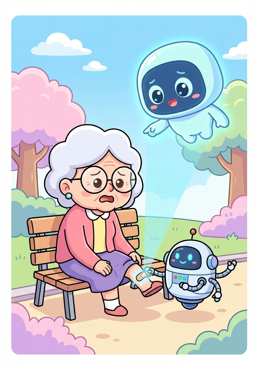 一位老奶奶不小心受伤了，智芯立刻启动医疗程序，派遣医疗机器人为她进行紧急治疗。