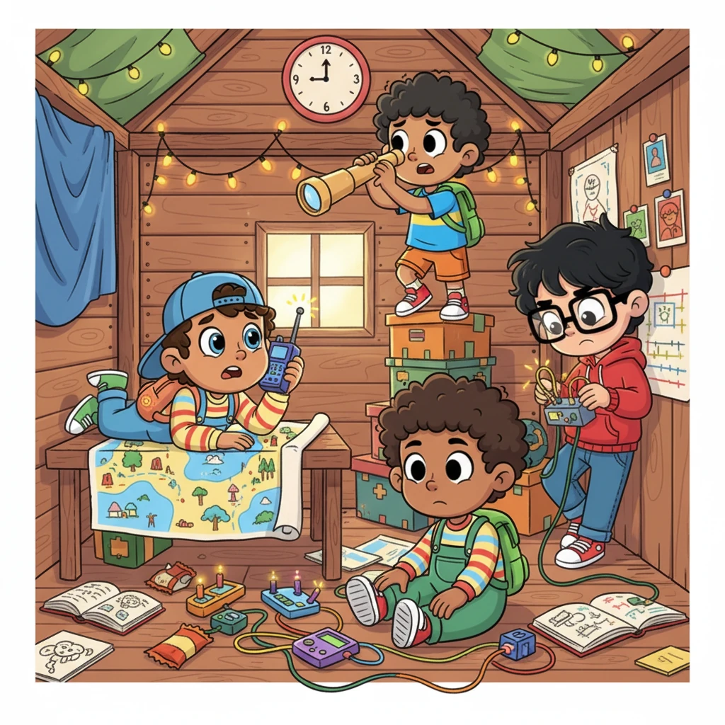 Arsalan, Wasi, Huzaifa, and Taha were gathered in their brightly colored secret clubhouse, a whirlwind of energy. Their faces were a mix of anticipation and restless boredom as they waited for a crucial call. Colorful gadgets and maps lay scattered around, hinting at exciting missions to come.