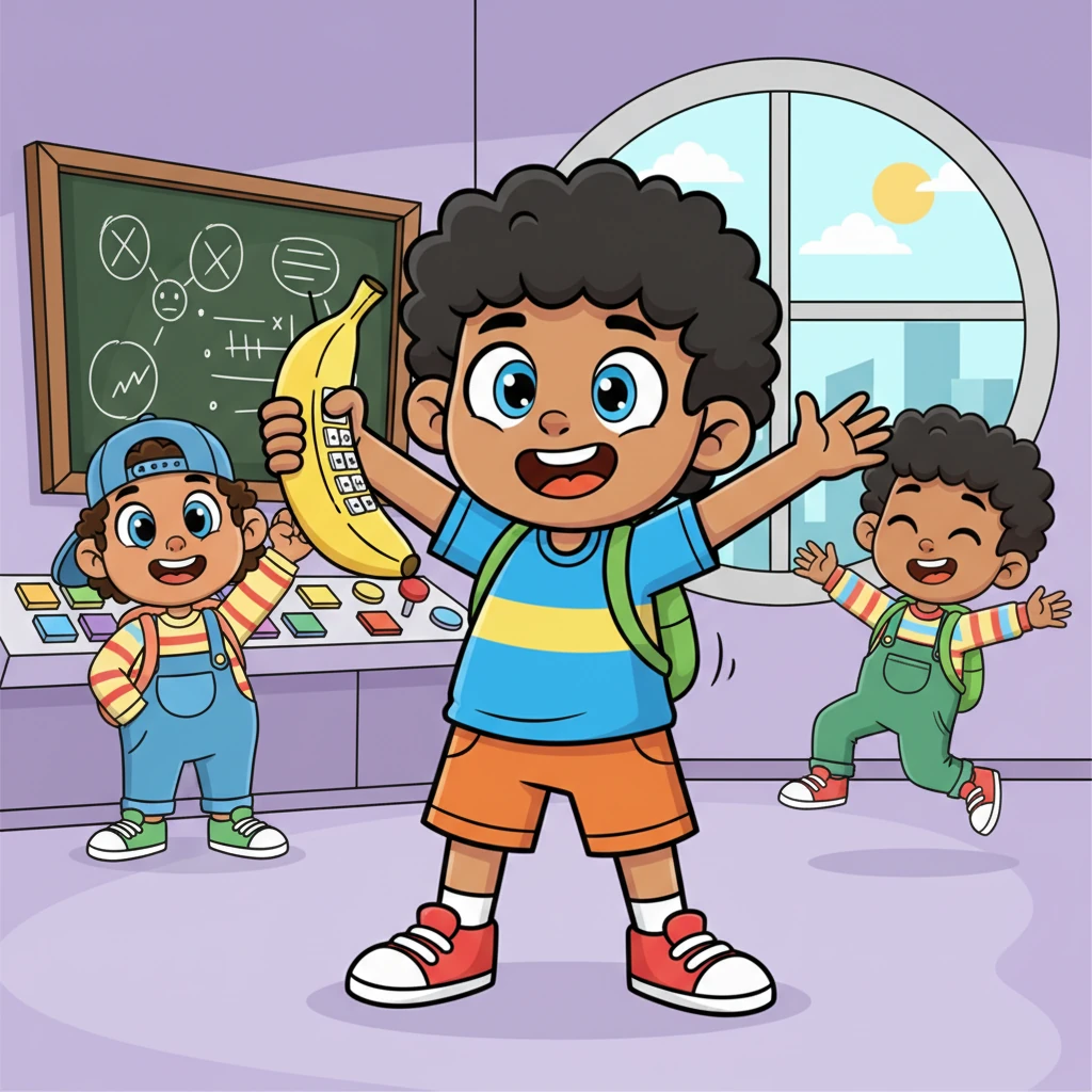 Arsalan, with a mischievous grin, hung up his oversized banana-shaped phone. "Good news, everyone!" he announced, his voice booming with excitement. "Sir says one more super-agent is joining our team, and they'll be here any minute!"