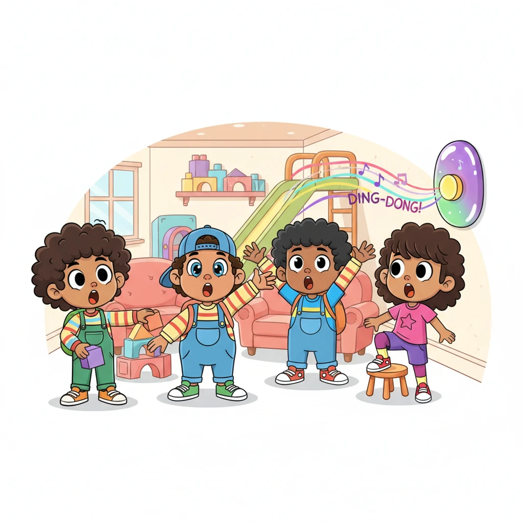 Just as Huzaifa finished speaking, a cheerful "DING-DONG!" echoed through the clubhouse. The doorbell, shaped like a giant, wobbly jellybean, rang with a bright, musical sound. All four friends instantly froze, their eyes wide with surprise and eager anticipation.