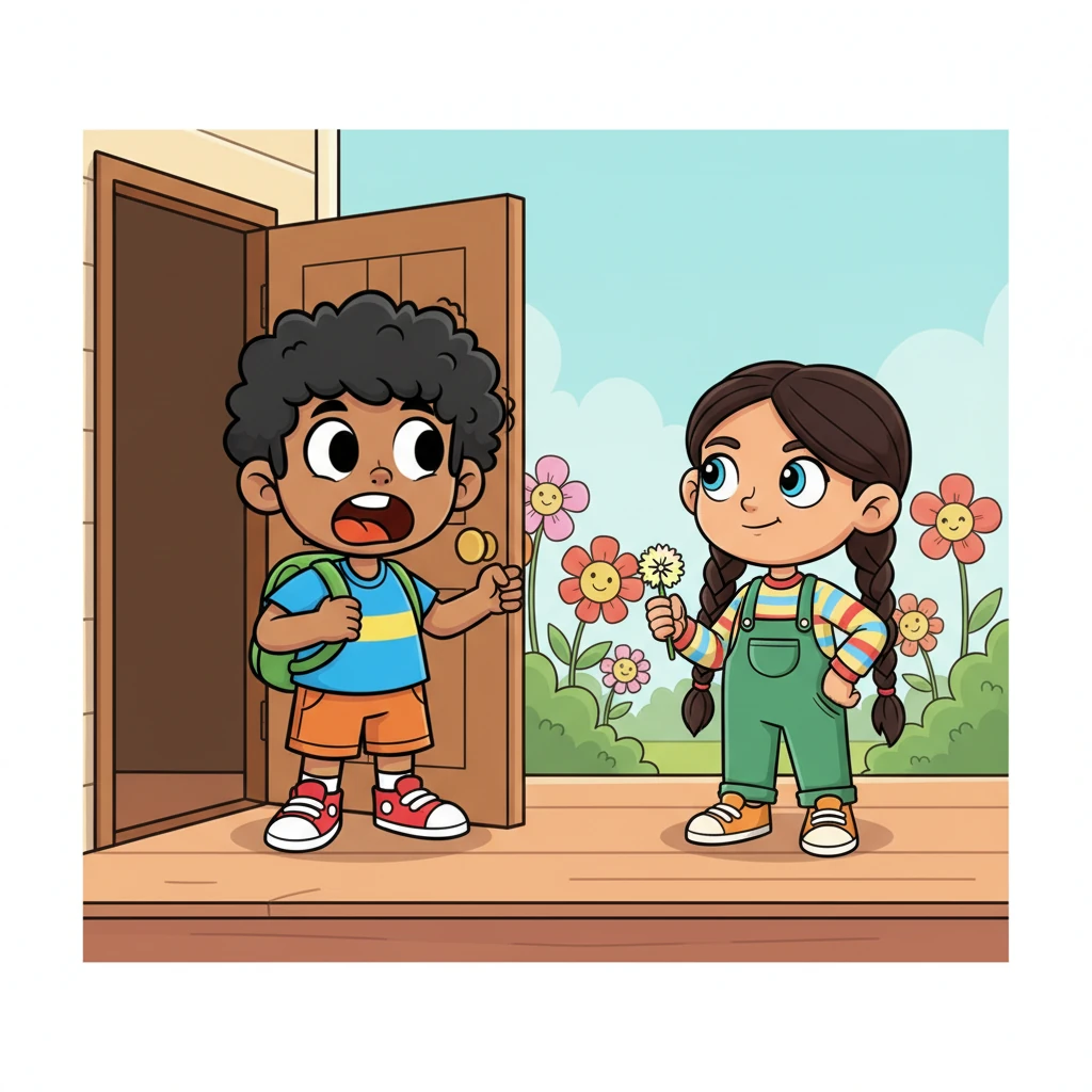 With a dramatic flourish, Taha flung open the door, only to stop dead in his tracks. Standing on the porch was not the imposing figure he expected, but a girl with bright, curious eyes and a playful smirk. Taha's jaw dropped, and he could only stare, completely speechless.