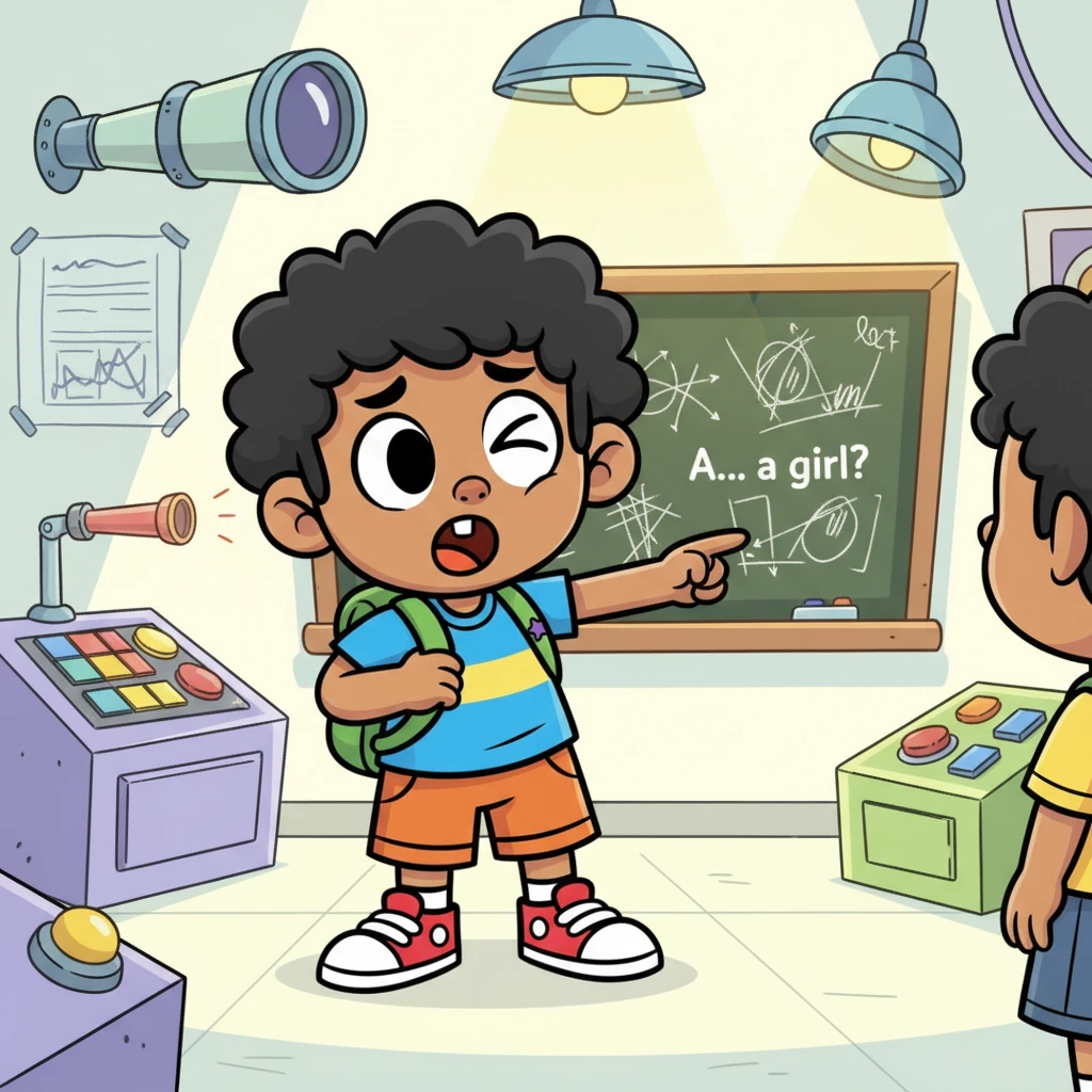 Huzaifa, blinking in disbelief, was the first to speak, his voice a bewildered squeak. "A... a girl?" he stammered, pointing a cartoonishly exaggerated finger. "Who are you, Miss, and what are you doing at our secret agent headquarters?"