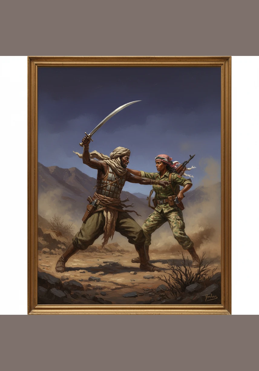 The rugged, stony mountains of Nakfa stand tall against a deep blue twilight sky, their peaks hiding the secret paths of those who fight for freedom. Deep within the earth, narrow trenches wind like life-lines through the rocky terrain, sheltering the brave souls within.