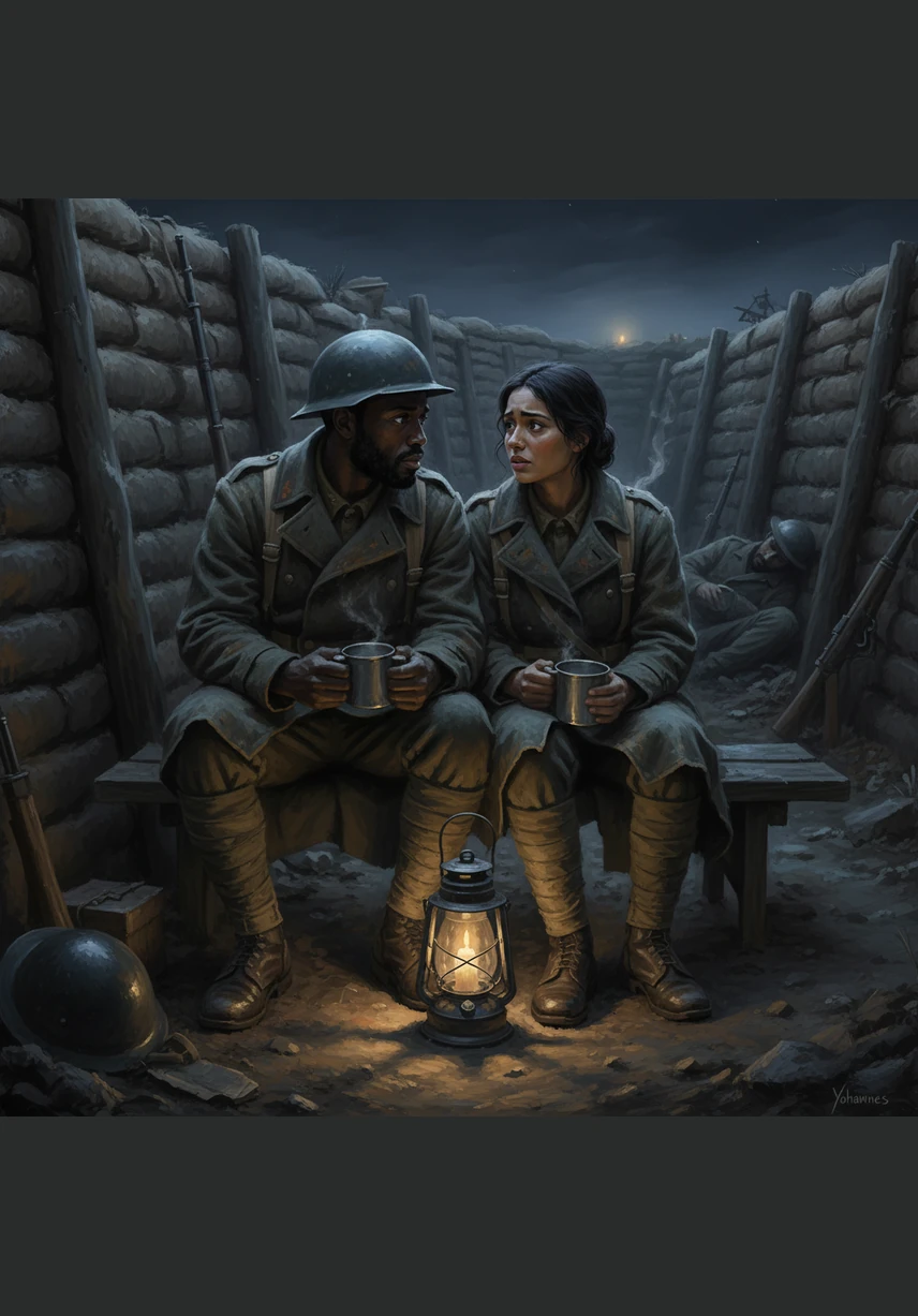 Inside a cold and cramped trench, Aman and Sara sit close together to keep warm against the biting night air. Their faces are weathered by the long struggle, yet their eyes remain bright with an unbreakable spirit and quiet determination.