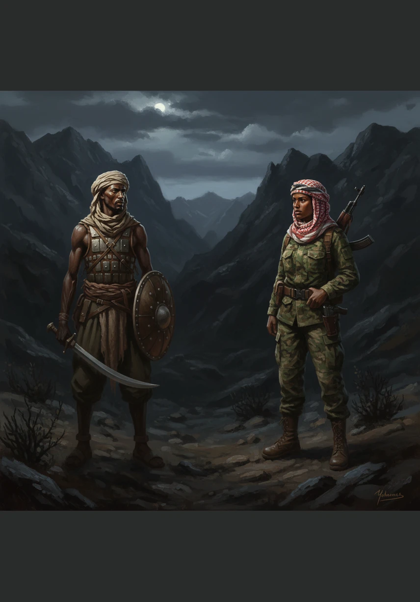 High above, the low, menacing hum of enemy planes vibrates through the air, casting long shadows over the mountainside. The two fighters remain silent and still in the heavy darkness, waiting for the danger to pass as the stars begin to peer through the clouds.