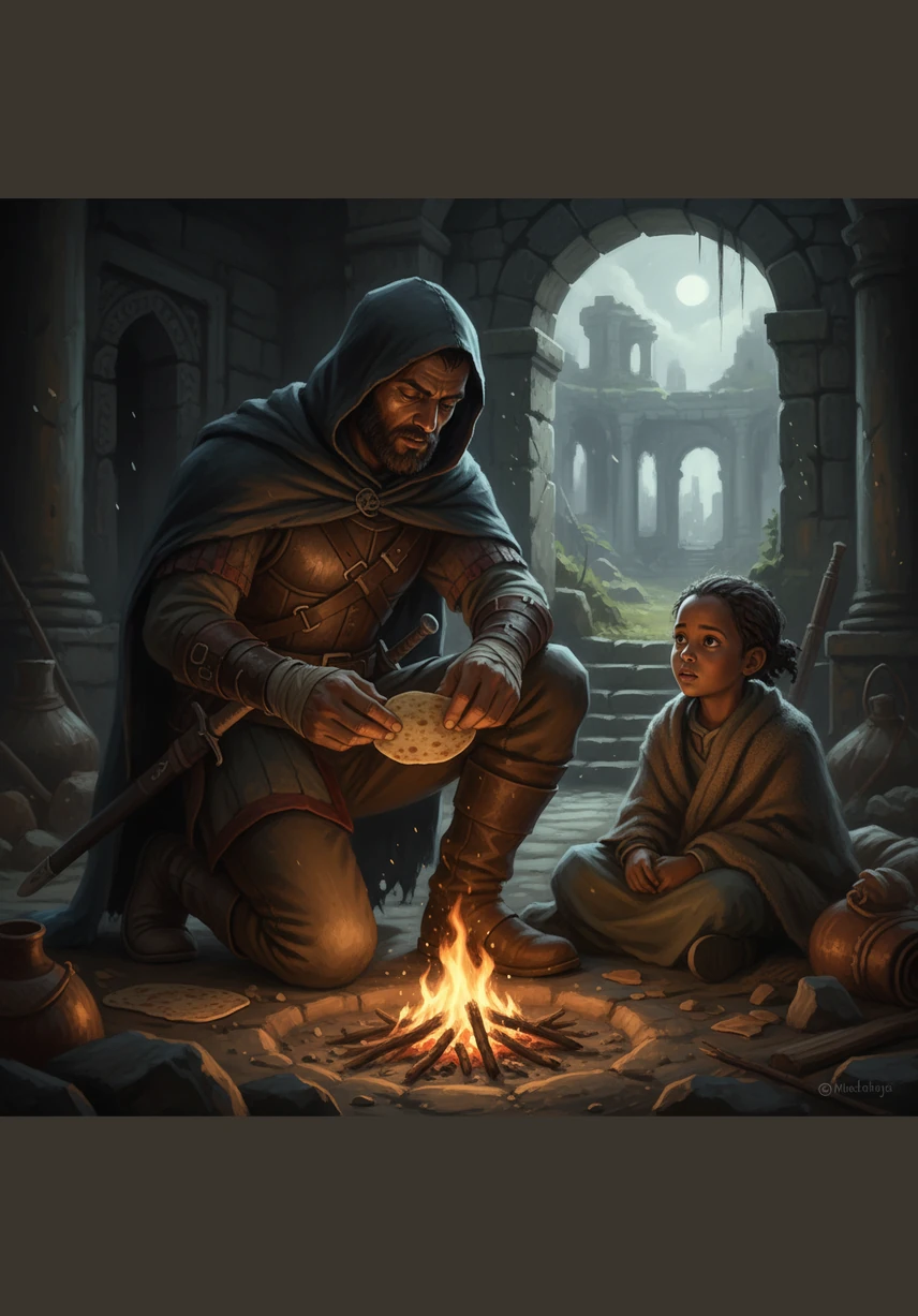 Aman carefully breaks a small, dry piece of Kitcha bread, offering half to Sara with a steady and kind hand. It is a humble meal shared in the silence, but in this moment, it represents their shared strength and the bond of their survival.