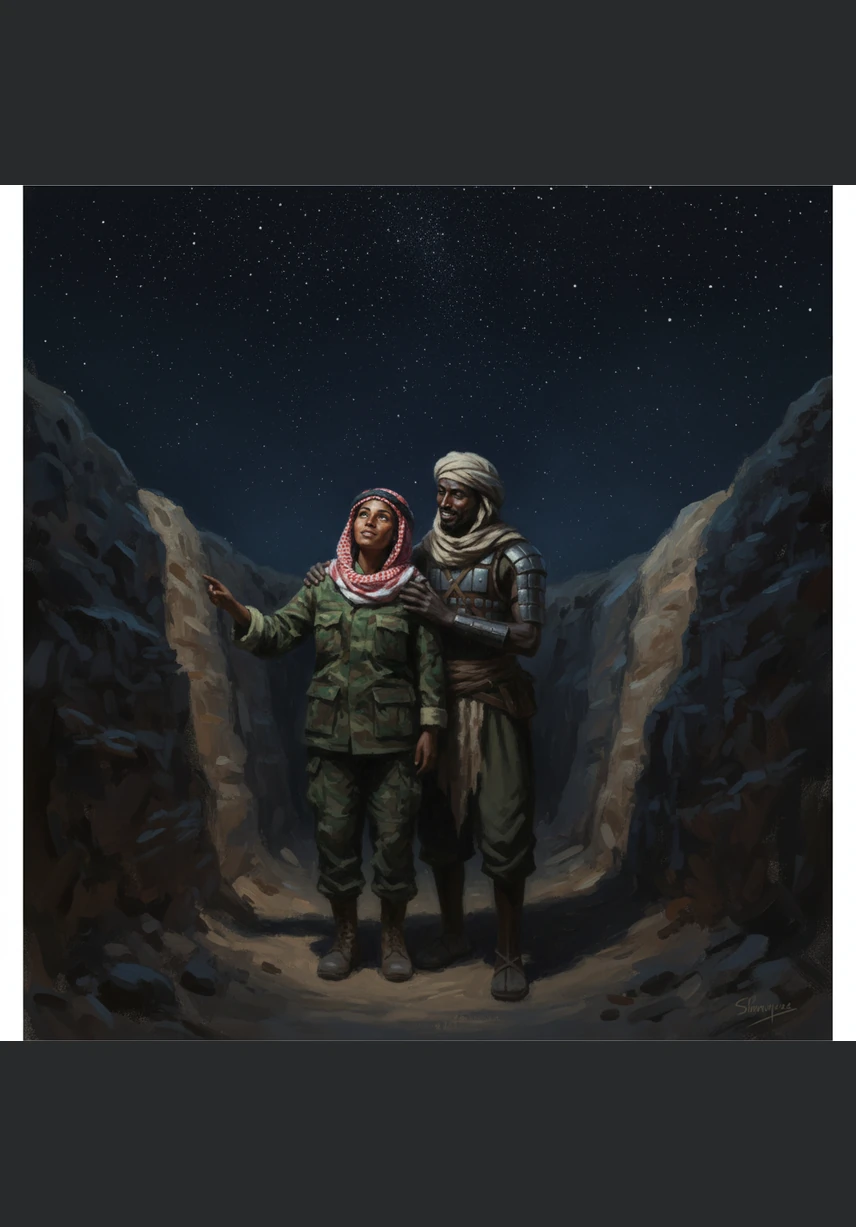 Sara gazes up at the vast canopy of stars twinkling above the narrow trench walls, her expression softening with a beautiful dream. She tells Aman that she will become a teacher, dedicating her life to the children of their nation.