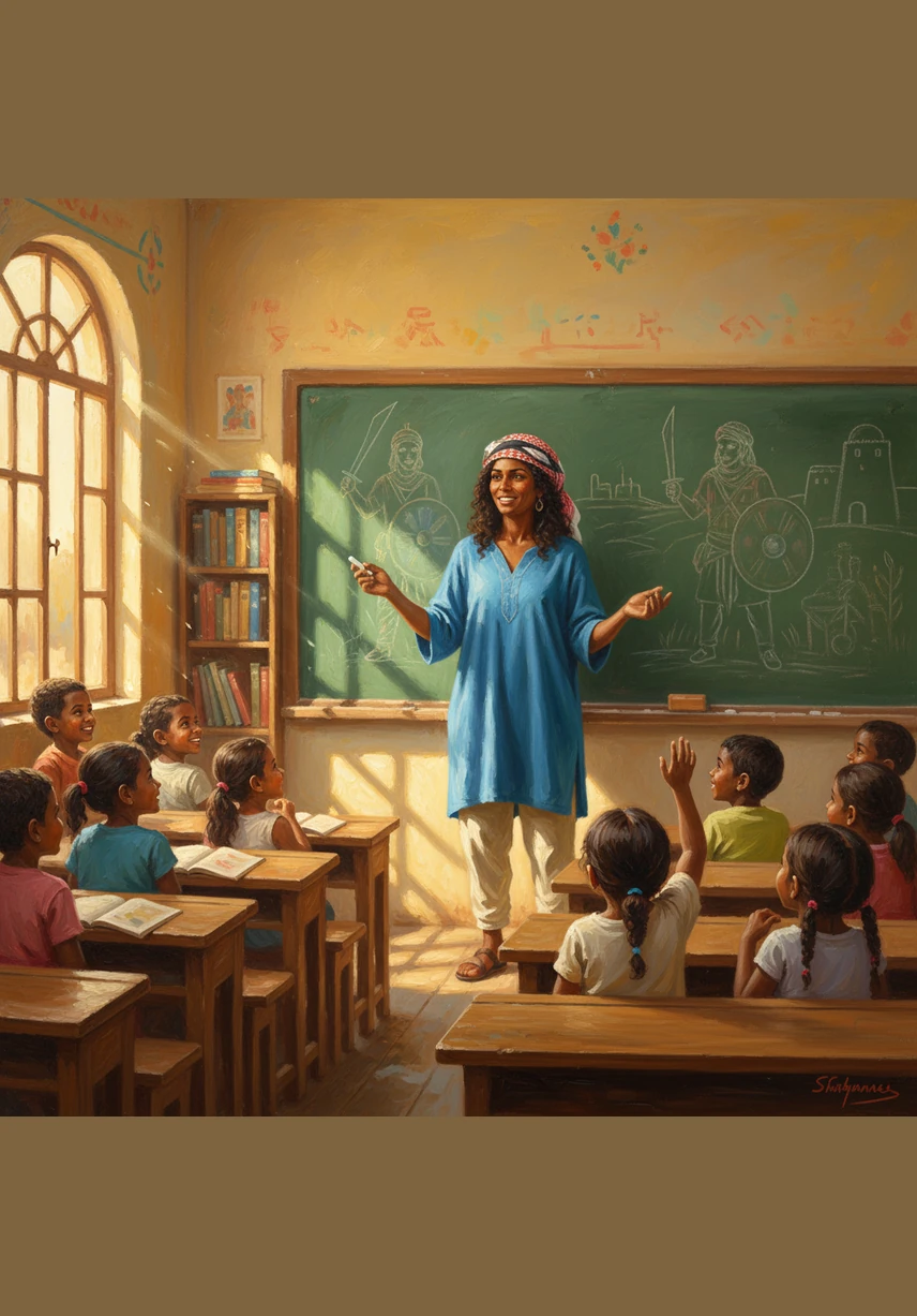 In her mind’s eye, the ruins of destroyed buildings transform into vibrant, sunlit schools filled with the sounds of learning and laughter. She imagines herself standing at a chalkboard, passing on the history of their people’s courage to the next generation.