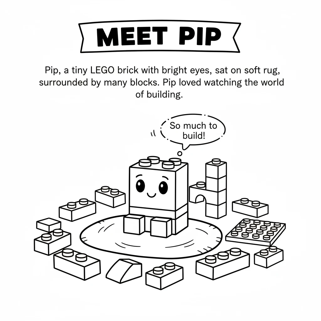Meet Pip, a tiny LEGO brick with bright, round eyes. Pip sat on a soft rug, surrounded by many colorful blocks, big and small. Pip loved to watch the