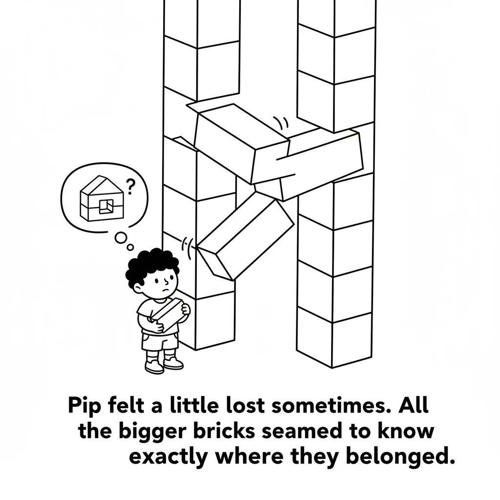 Pip felt a little lost sometimes, being so small. All the bigger bricks seemed to know exactly where they belonged, clicking together with a satisfyin