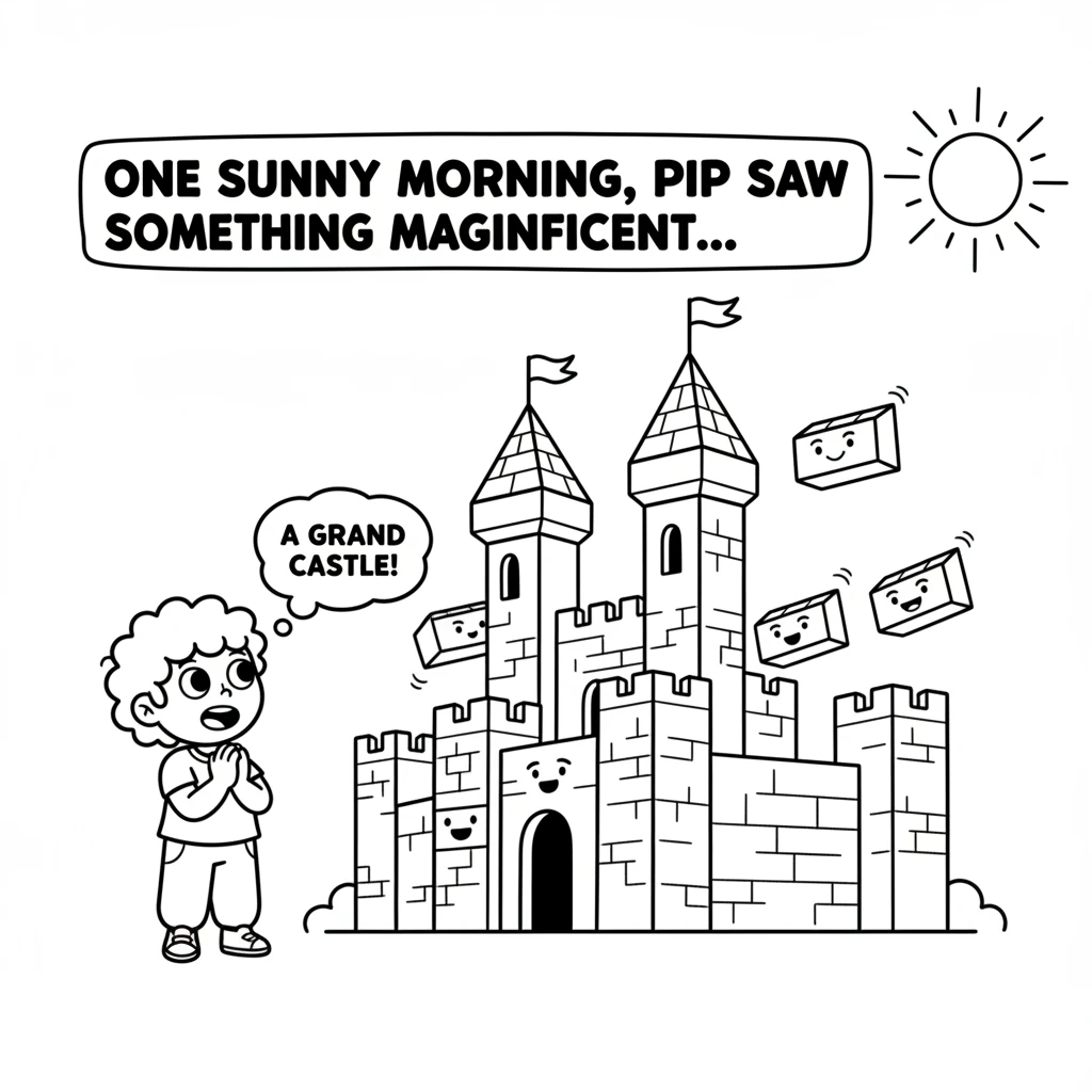 One sunny morning, Pip saw something magnificent taking shape. A grand castle was slowly rising, brick by brick, with tall towers and strong walls. It