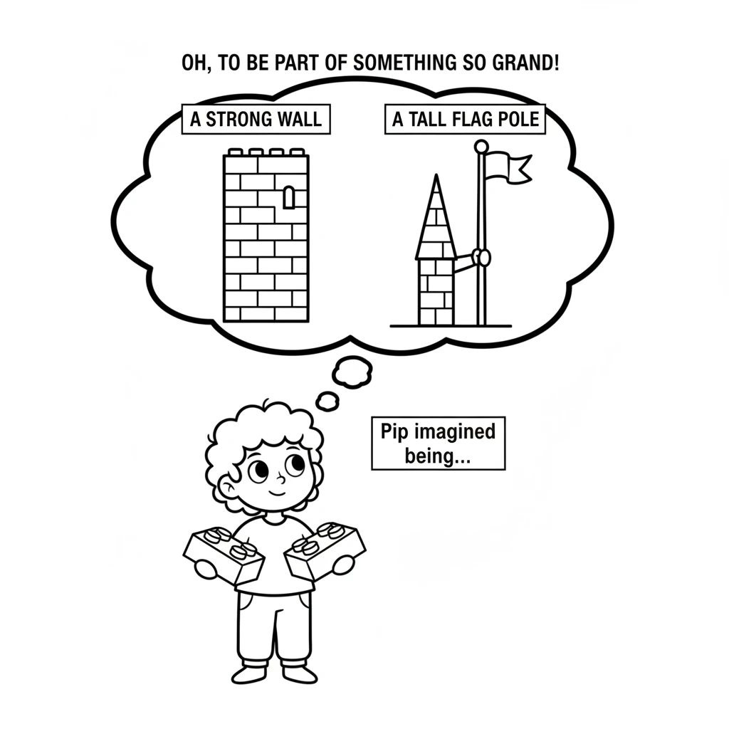"Oh, to be part of something so grand!" thought Pip, sparkling with hope. Pip imagined being a strong wall or a tall flag pole on the highest tower. P