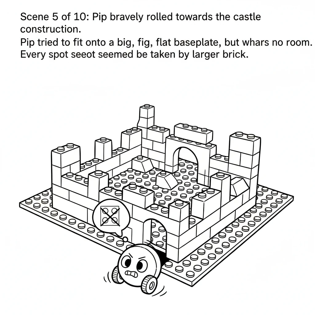 Pip bravely rolled towards the castle construction. Pip tried to fit onto a big, flat baseplate, but there was no room. Every spot seemed to be taken