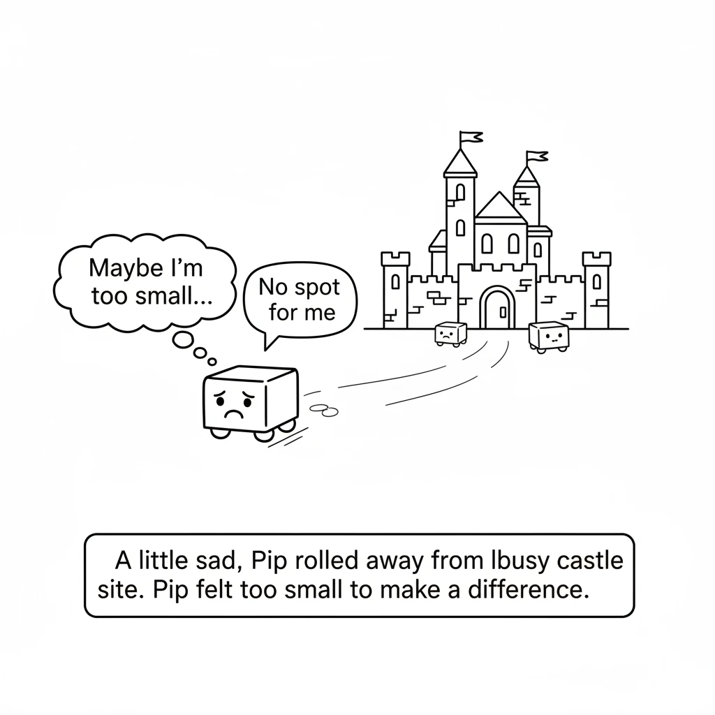 A little sad, Pip rolled away from the busy castle site. Pip felt too small to make a difference. Maybe there wasn't a special spot for a tiny brick l