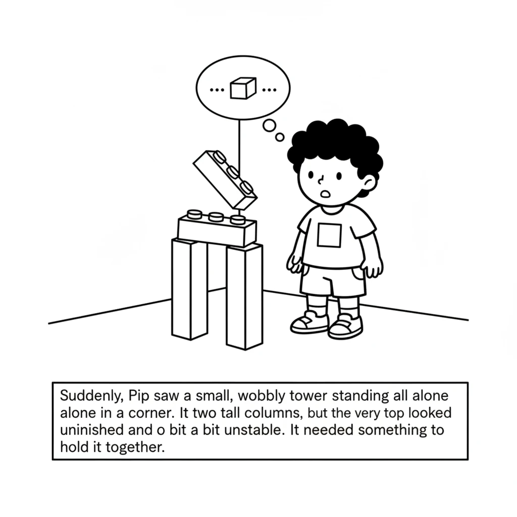 Suddenly, Pip saw a small, wobbly tower standing all alone in a corner. It had two tall columns, but the very top looked unfinished and a bit unstable