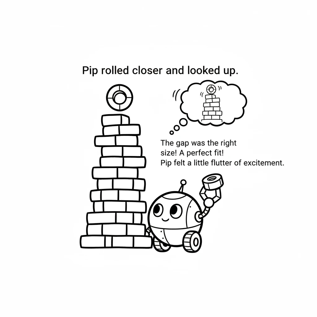 Pip rolled closer and looked up. The gap at the top of the wobbly tower was just the right size! It was a perfect fit for a small, round brick. Pip fe