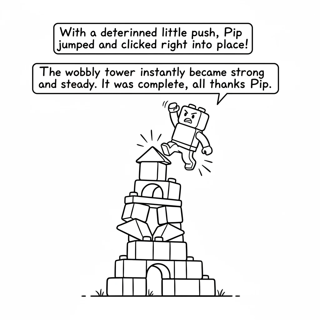 With a determined little push, Pip jumped and clicked right into place! The wobbly tower instantly became strong and steady. It was complete, all than