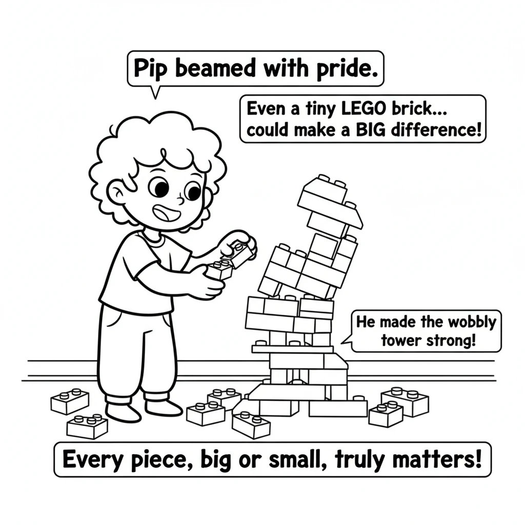 Pip beamed with pride. Even a tiny LEGO brick could make a big difference! Pip had found a very important job, making the wobbly tower strong. Every p