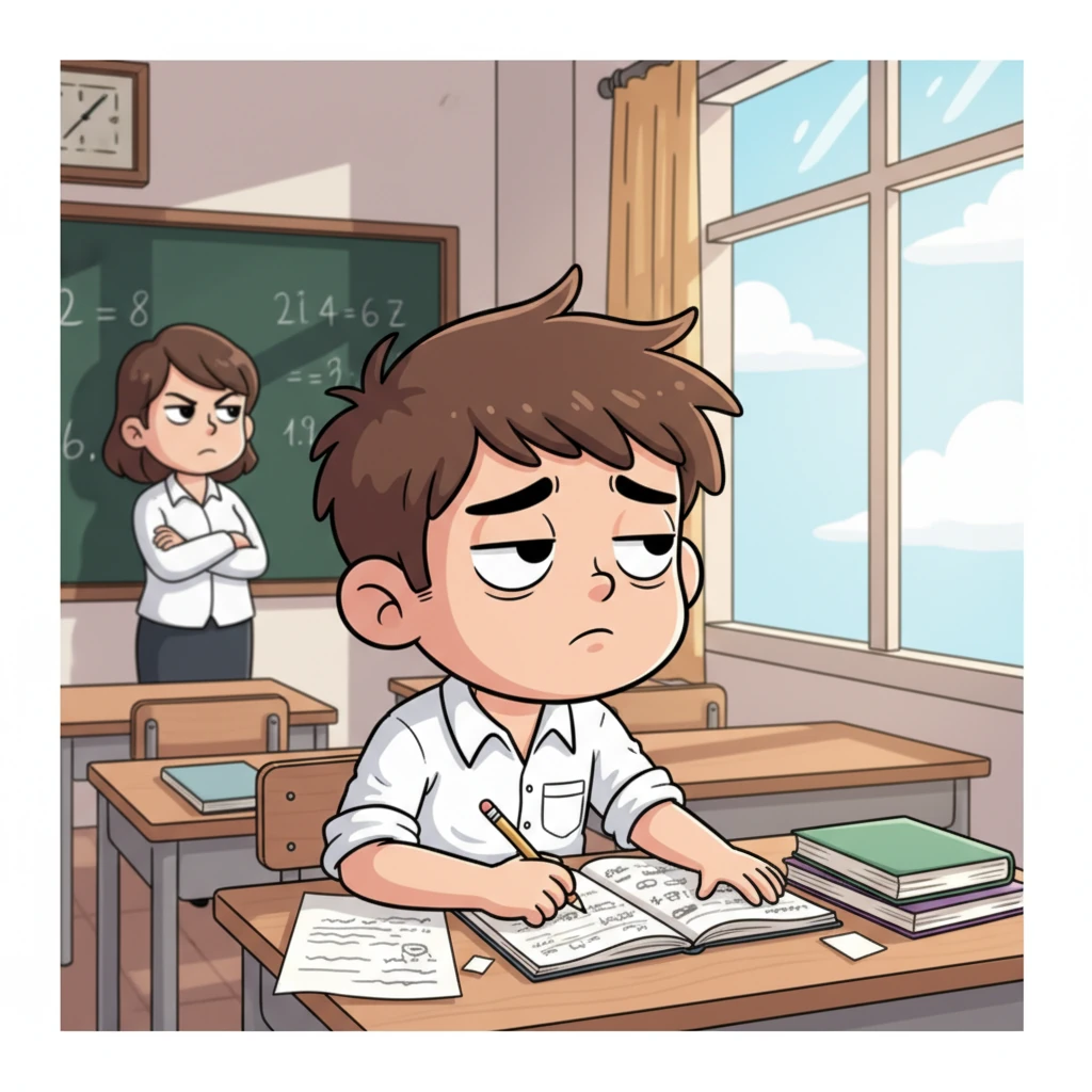 Minh, một cậu học sinh lớp 12 với mái tóc rối bời, thường ngồi gục mặt trên bàn, ánh mắt lơ đãng nhìn ra ngoài cửa sổ. Cậu vẽ nguệch ngoạc lên sách vở thay vì chú ý bài giảng, khuôn mặt luôn tỏ vẻ bất cần. Dáng vẻ uể oải, thờ ơ của cậu khiến nhiều giáo viên phải lắc đầu ngao ngán.