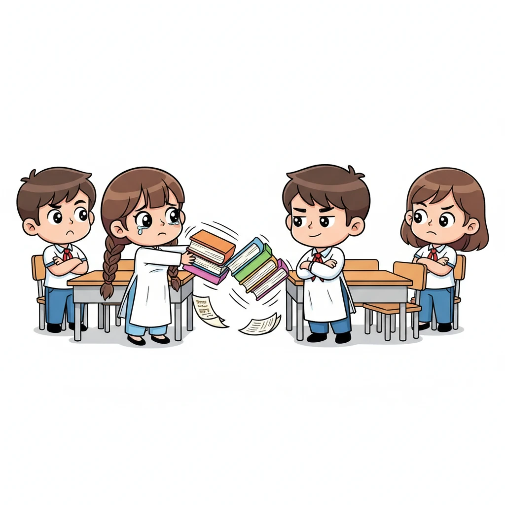 Khi bạn bè cố gắng bắt chuyện, Minh thường đáp lại bằng những câu nói cộc lốc hoặc gạt phăng đồ dùng của họ. Một lần, cậu hất đổ chồng sách của một bạn nữ, khiến bạn ấy ấm ức và các bạn khác thì khó chịu. Nụ cười nhếch mép của Minh chẳng làm ai thấy vui vẻ.