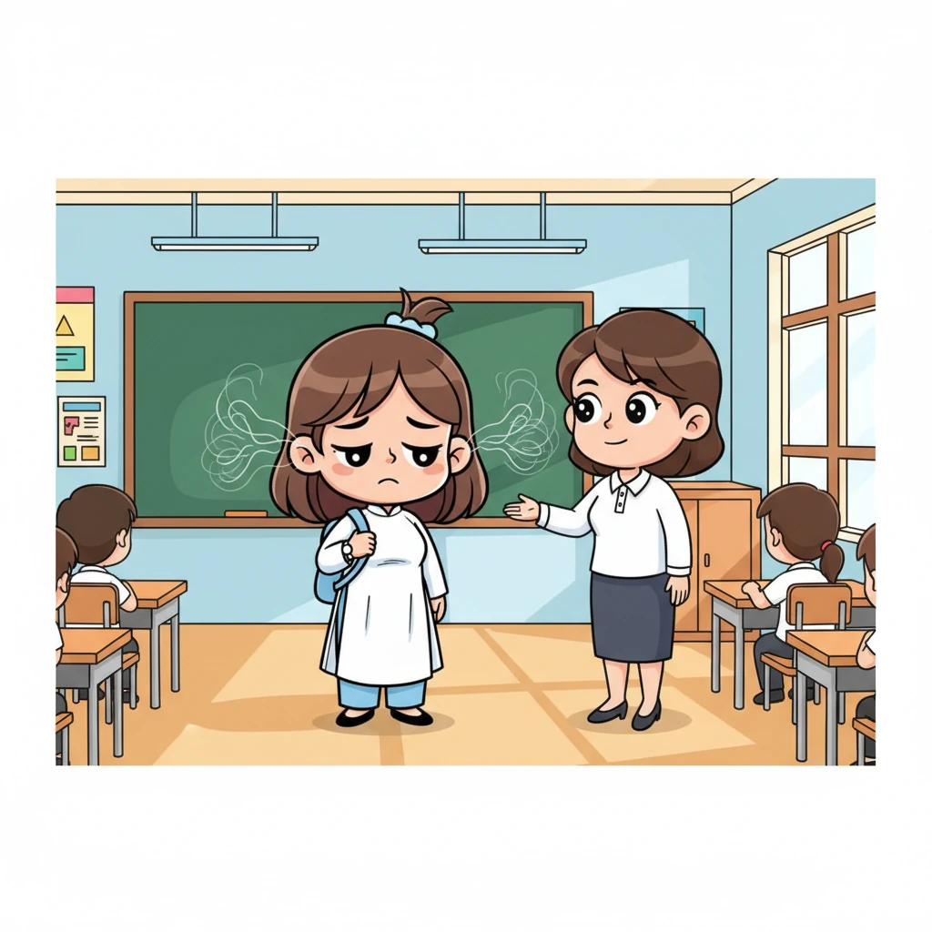 Thầy cô thường xuyên gọi Minh lên bảng hoặc nhắc nhở cậu về thái độ học tập. Nhưng mỗi lần như vậy, Minh chỉ cúi gằm mặt hoặc nhìn đi nơi khác, không hề tỏ ra hối lỗi hay lắng nghe. Những lời khiển trách cứ thế trôi tuột qua tai cậu, không đọng lại chút nào.