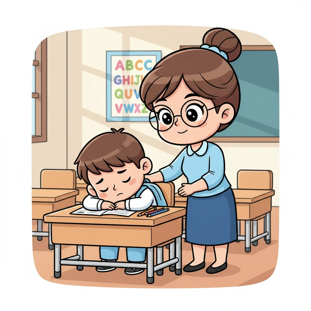 Cô giáo chủ nhiệm, với mái tóc búi gọn gàng và nụ cười hiền hậu, nhẹ nhàng đến bên Minh. Thay vì mắng mỏ hay phạt cậu như mọi khi, cô chỉ khẽ lay vai Minh thức dậy. Ánh mắt cô dịu dàng, không hề có chút giận dữ nào.