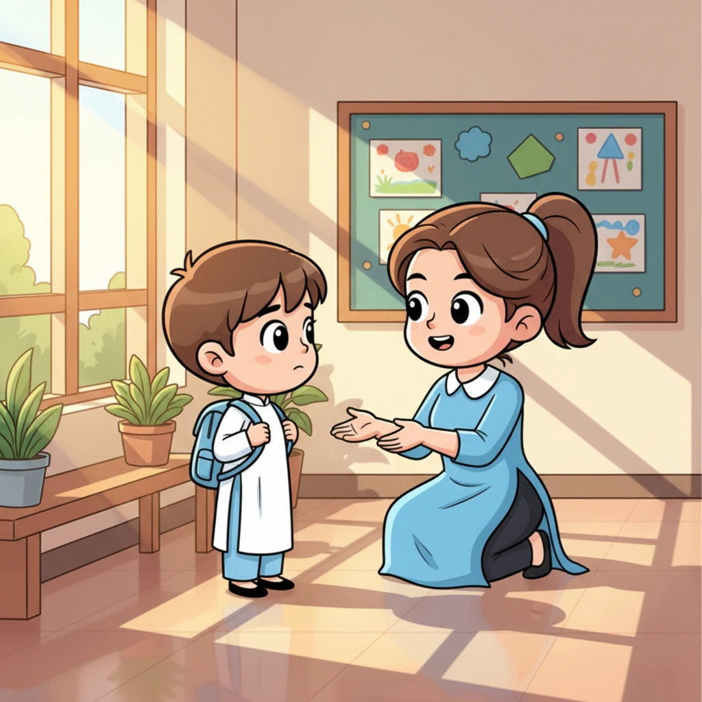 Sau giờ học, cô giáo gọi Minh lại trò chuyện riêng, không phải ở phòng kỷ luật mà là ở góc hành lang đầy nắng. Cô hỏi thăm về những khó khăn của cậu, lắng nghe một cách chân thành mà không hề phán xét. Cô còn nhẹ nhàng động viên, khuyên Minh nên mở lòng hơn.